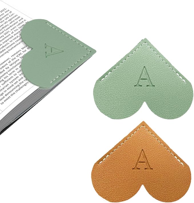 2Pcs Personalized Leather Heart Bookmark with Initial, 26 Letters Custom Corner Page Book Mark for Reading Women, Book Lovers, Teachers, Students, Cute Book Accessories Gifts(Green+Light Brown, A)