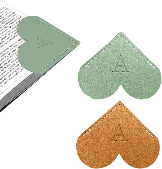 2Pcs Personalized Leather Heart Bookmark with Initial, 26 Letters Custom Corner Page Book Mark for Reading Women, Book Lovers, Teachers, Students, Cute Book Accessories Gifts(Green+Light Brown, A)