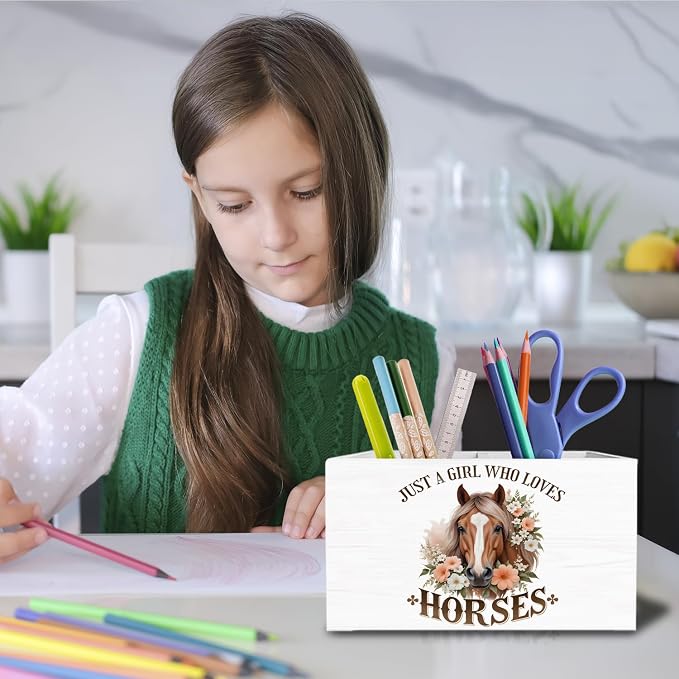 Rustic Floral Horse Pen Holder for Desk, Gifts for Horse Lovers Pencil Organizer, Just a Girl Who Loves Horses Wooden Box Sign Desk Decor for Home Office Decoration