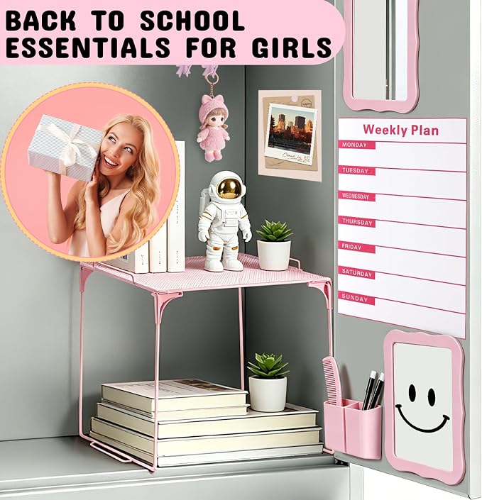 Pink Locker Accessories Kit 16PCS, School Locker Organizer Set with Shelf, Magnetic Mirror, Whiteboard Marker, Pen Holder, Rug, Magnetic Lights, Locker Decor for Girls Teens