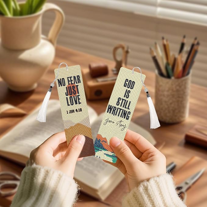 Christian Diamond Art Bookmarks - 6 Pcs DIY Bible Verse Diamond Painting Bookmarks with Mountains Rivers Pattern Religious Gem Art Craft Inspirational Gift for Reading Lovers Beginners