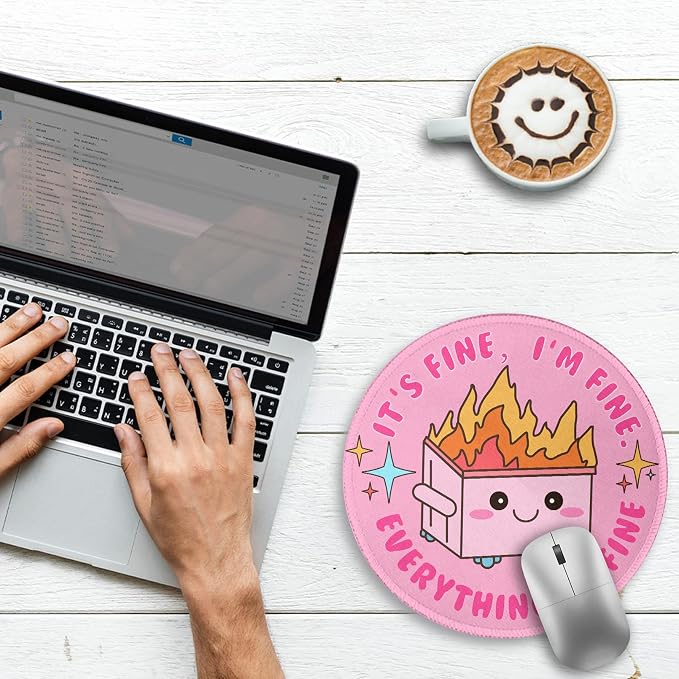 Pink Round Mouse Pad for Desk, Cute Office Decor for Women, Dumpster on Fire Small Mousepad，Stitched Edge Non-Slip Rubber Base, Personalized Computer Mouse Pads for Wireless Mouse，Desk Accessories