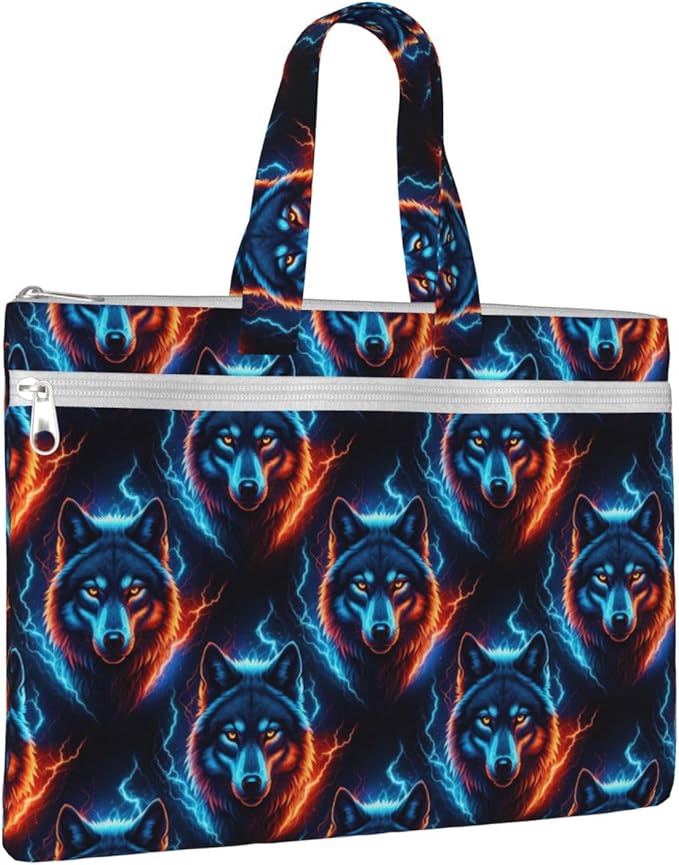 Portable Canvas Document Briefcase, Zippered File Bag with Handle for Office Meeting Travel, Fire Flame Wolf