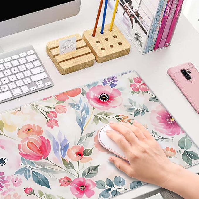 Watercolor Floral Botanical Pattern Desk Mat, Extended Big Mouse Mat for Home and Office, Large Gaming Mousepad Laptop Keyboard Mat with Non-Slip Rubber Base, Stitched Edges (31.50"x11.8"x0.12")