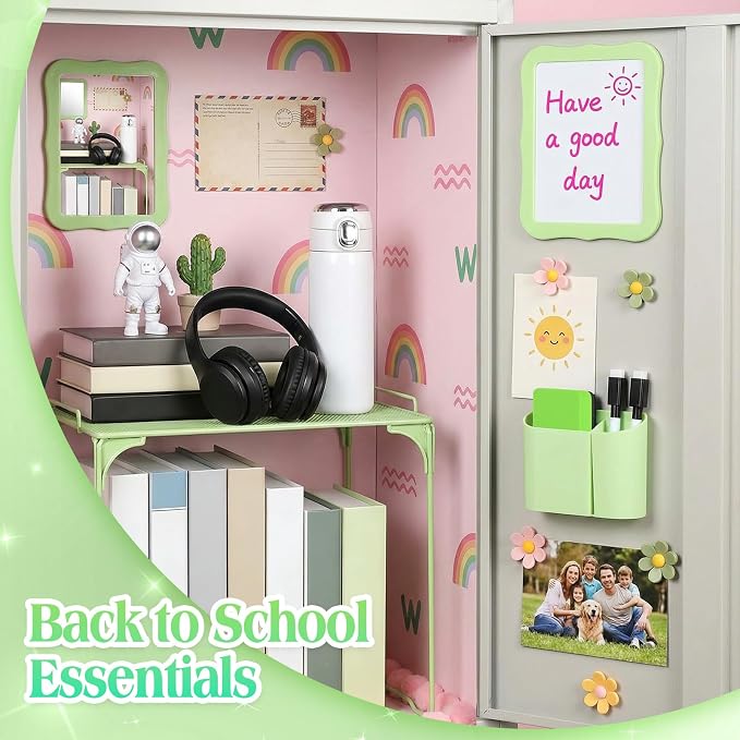Colarr 16 Pcs Light Green Locker Accessories for Girls Includes Magnetic Whiteboard & Mirror Locker Shelf Pen Holder 2 Dry Erase Marker & Eraser 9 Flowers for Back to School Essentials Decoration