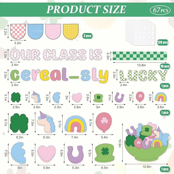 JarThenaAMCS St. Patrick' s Day Bulletin Board Decoration Lucky Charms Classroom Decoration Set Shamrock Clover Unicorn Paper Cutouts for School Classroom Chalkboard Wall Decor Irish Party Supplies