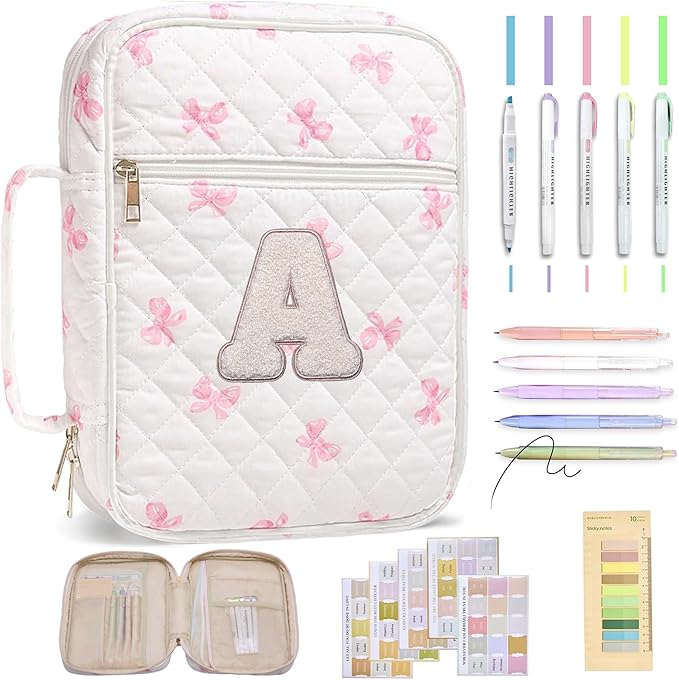 Personalized Initial Bible Cover Case for Women – Large Quilted Bible Bag with Handle, Chenille Letter, Bible Study Kit, Christian Gift for Mom, Grandma & Daughter (Pink Bow-A)