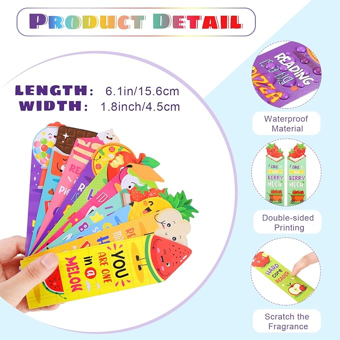 Eersida 60 Pieces Scratch and Sniff Scented Bookmarks Kids Fruit Food Theme Sayings Bookmarks Sayings Assorted Cute Scented Gifts for Students Teens Food Lovers, 10 Styles