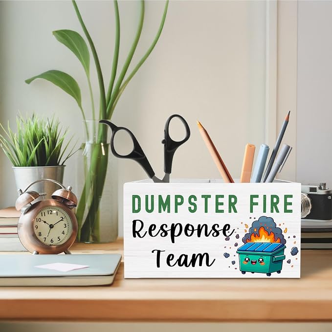 Funny Dumpster Fire Pen Holder for Desk, Dumpster Fire Response Team Wooden Box Sign Desk Decor for Home Office Decoration, Sarcastic Gifts for Coworkers Pencil Organizer
