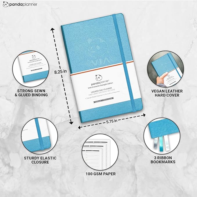 Panda Planner 2026 Undated Daily Planner 90 Day Planner – 3-Month Goal Setting & Productivity Journal – VIA Strength-Based Happiness & Organization Planner – Weekly & Monthly Agenda – 5.75" x 8.25" Hardcover Light Blue