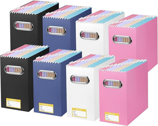 BALEINE File Organizer Box, Cardboard File Folder Organizer with Handle for Letter Size, Portable Collapsible Hanging Filing Box for Home Office Document Storage (8 Pack, Black+Pink+White+Navy)
