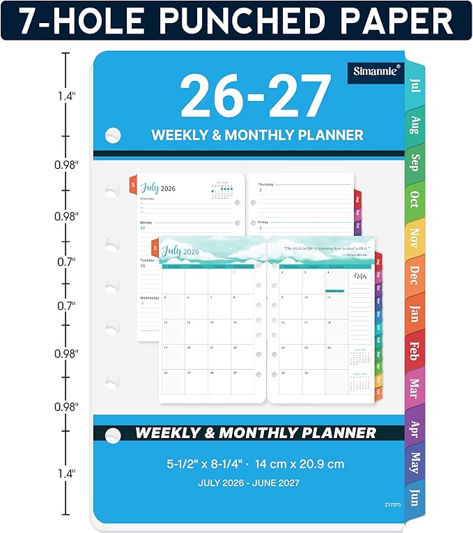2026-2027 Planner Refills - A5 Planner Inserts with 7-Hole Punched, JUL 2026 - JUN 2027, 5-1/2" x 8-1/2", Planner Refills 2026-2027, A5 Binder Inserts, Weekly Monthly Planner 26-27 with Colorful Tabs