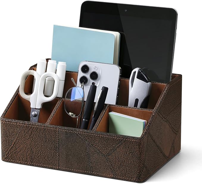 PU Leather Desktop Organizer, Home Luxury Remote Control Holder, Office Desk Accessory and Nightstand Storage Box, Vintage Style, Suitable for Living Room Tabletops (Brown Vintage)