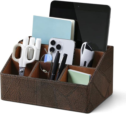 PU Leather Desktop Organizer, Home Luxury Remote Control Holder, Office Desk Accessory and Nightstand Storage Box, Vintage Style, Suitable for Living Room Tabletops (Brown Vintage)
