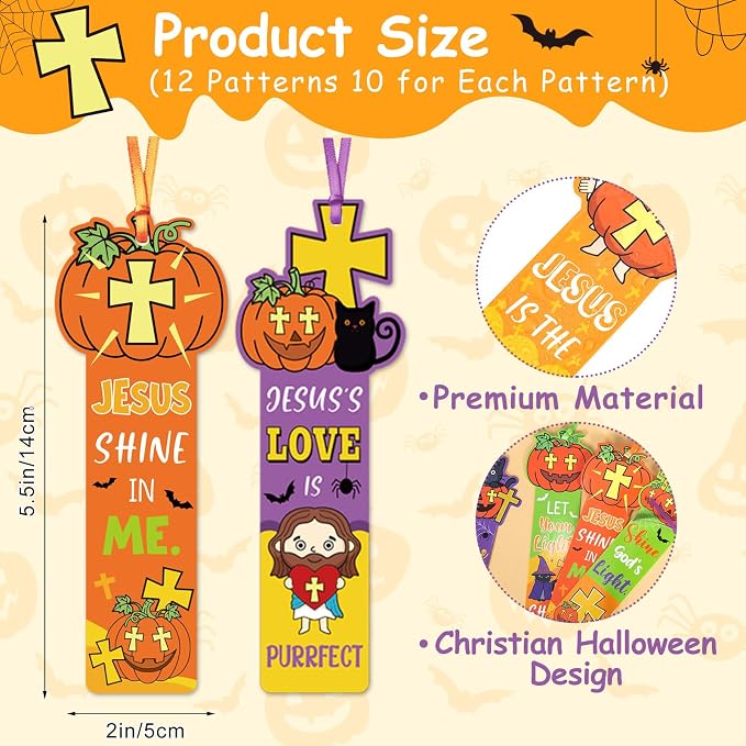 120 Pcs Religious Halloween Pumpkin Bookmarks Halloween & Thanksgiving Gift Flliers Christian Religious Pumpkin Bookmark Giveaways for Sunday School Halloween Party Favors for Classmates