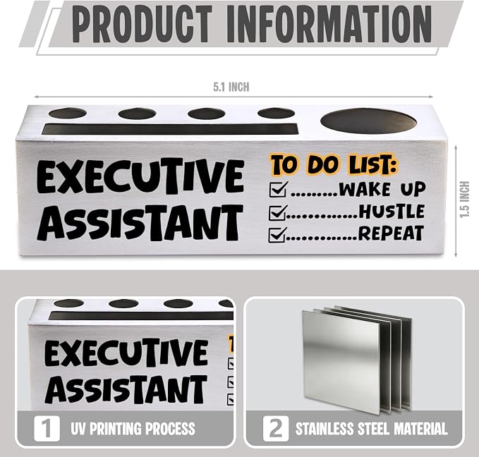 FOKCBOCM Executive Assistant Pen Holder with To Do List Humor, Stainless Steel Desk Organizer for Administrative Office Decor, Assistant Appreciation Workspace Gift-DS131
