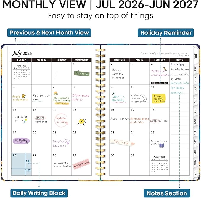 Academic Planner 2026-2027, Weekly and Monthly Calendar Book, July 2026 – June 2027, Hardcover Planner with Tabs, Perfect for Teachers, Students, Women & Men, A5 (6.4" x 8.5") - Turquoise Flowers