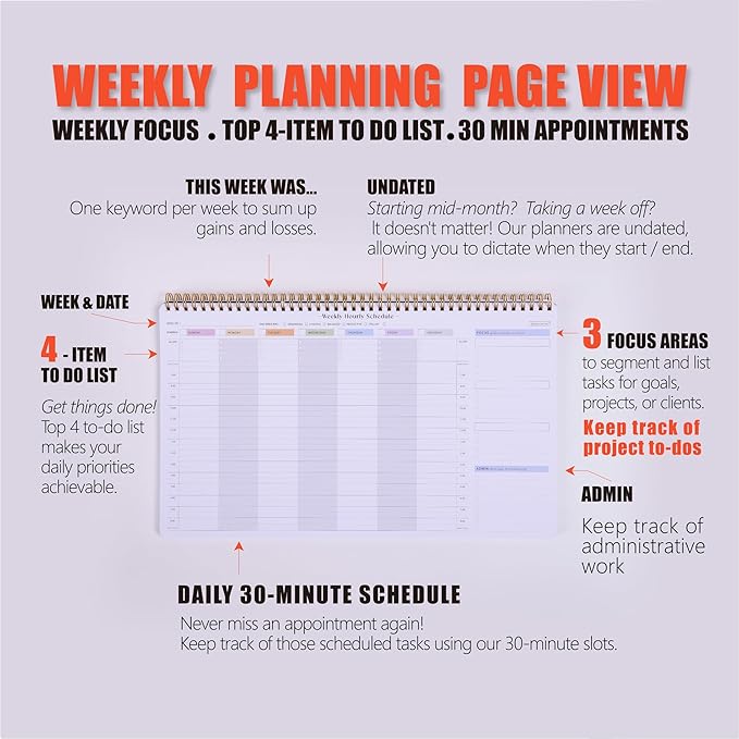 Undated Weekly Planner with Hourly Schedule - 54 Sheets Large Desk Appointment Book Is Great for Appointment-Based Jobs Like Real Estate, Personal Training, Photography, Students and Teachers