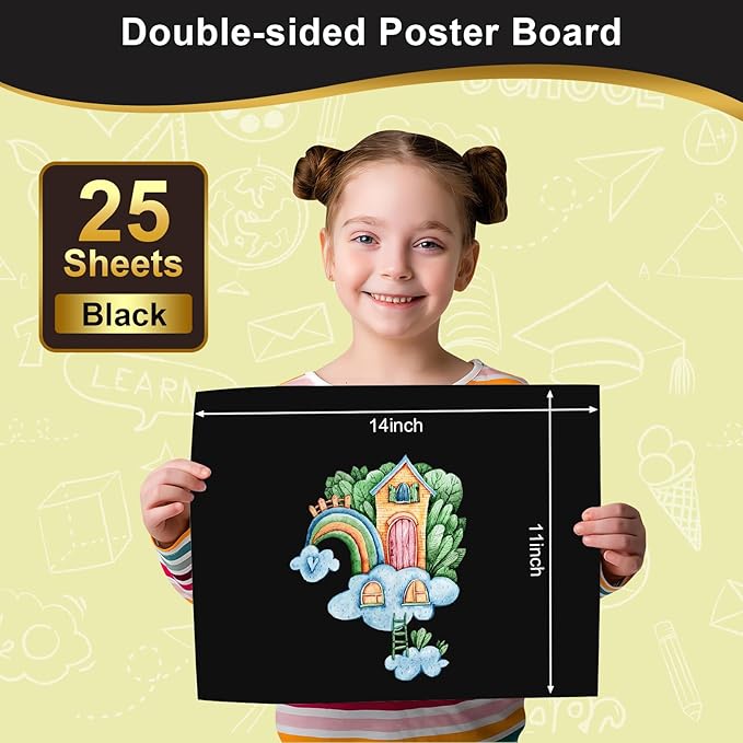 25 Pcs Black Poster Board Paper 11x14, ROOKEA Vision Boards Posterboard Bulk for School Projects Classroom Arts Craft Presentations Drawing Scrapbooking Blank Graphic Display