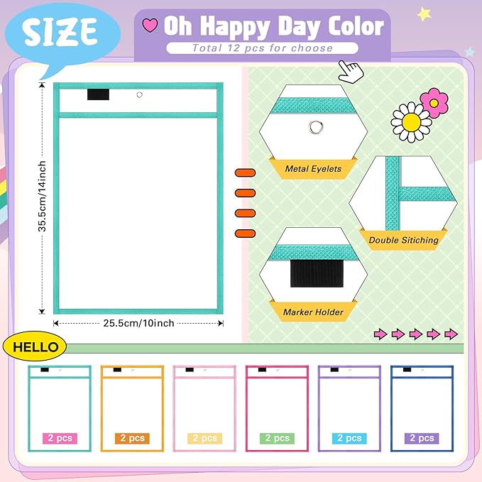 24 Pcs Dry Erase Pocket Reusable Sleeves 10" x 14" Clear Plastic Sheet Protectors with Markers and Mini Dry Erasers for Paper(Happy Day Color)
