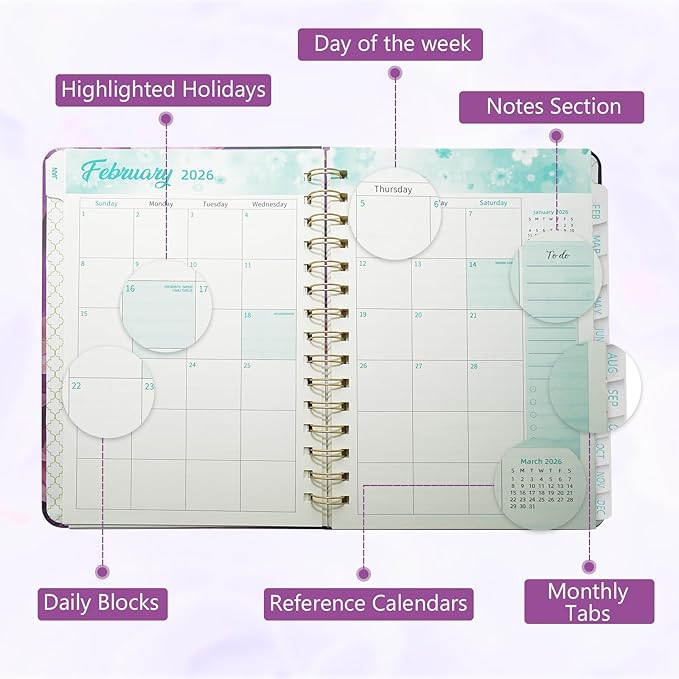 2026 Planner, Weekly and Monthly Calendar Planner for Women, Jan 2026 - Dec 2026, Hardcover Planning Agenda book with Tabs, Spiral Bound, Inner Pocket, Perfect for School Office Supplies, 8.4" x 6.3" (Purple)