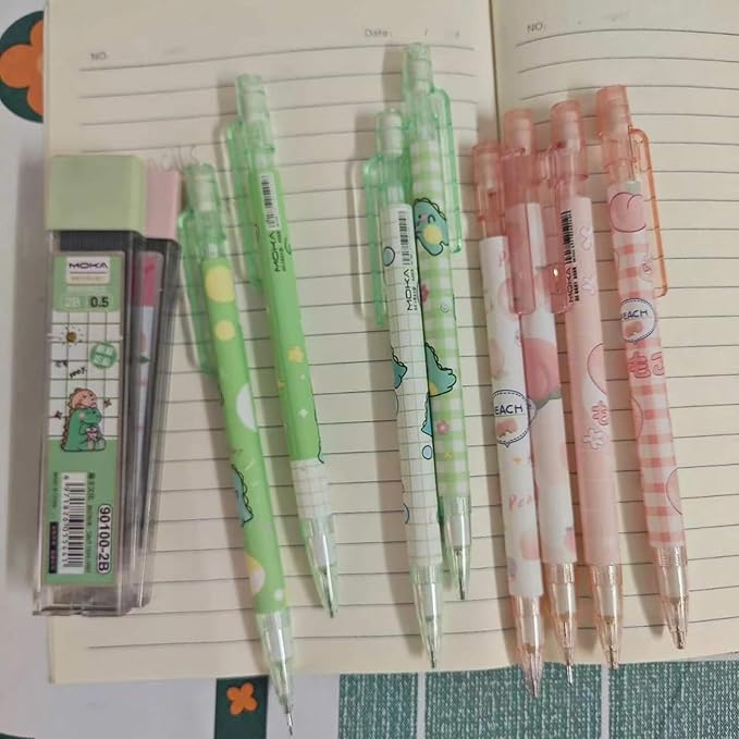 4PCS Cute Cartoon Mechanical Pencils Set with Tubes 0.5 mm Pencil Refills (Pink)