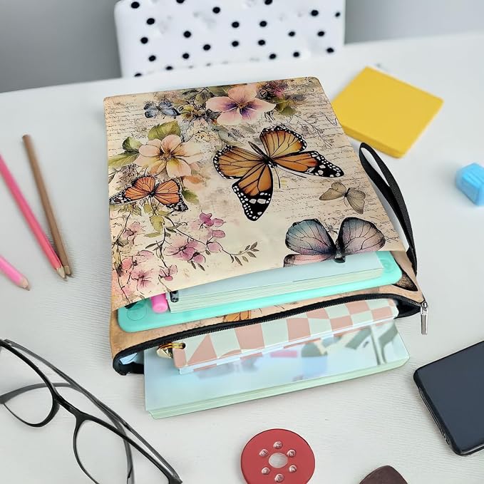 Vintage Floral Butterfly Book Cover, Waterproof Book Sleeve with Zippered Front Pocket Retro Flowers Book Pouch for Book Lovers, Christmas, Birthday, Graduation Gifts (Beige-Butterfly, Large)