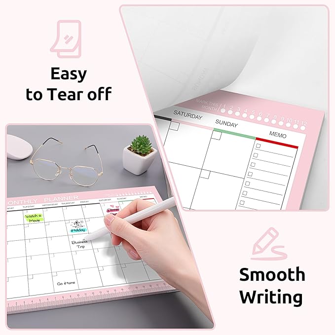 Phyxin Undated Planner, 54 Sheets Blank Calendar, 11.2" x 8.3" Monthly Calendar Planner, Tear Off Undated Monthly Planner with Memo for Women, Students, Teachers, Pink