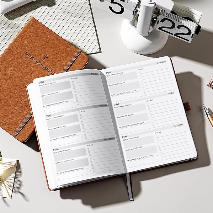 2026 Planner - Christian Planner 2026, JAN. 2026 - DEC. 2026, 5.7" x 8.4", 2026 Weekly Monthly Planner with Stickers, Daily Bible Planner 2026, Pen Holder, Back Pocket, Leather Hardcover - Brown