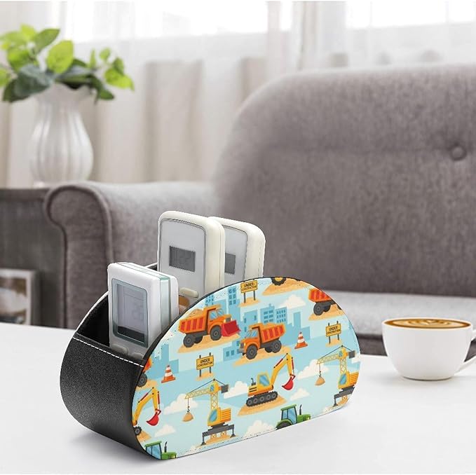 5-Compartment Remote Control Holder, PU Leather Storage Box for TV Remotes, Makeup Brushes, and Desk Accessories, Under Construction