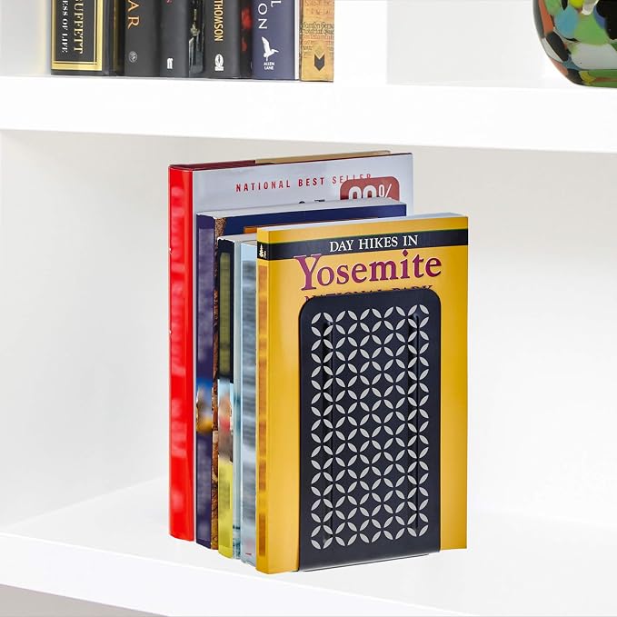 Acrimet Bookends for Shelves, Non-Skid Book Holder, Heavy Duty Steel Metal Book Ends for Home, Library, 6 7/8" H x 4" W x 4 1/2" D (Black Bookends with Silver Design) (1 Pair / 2 Pieces)