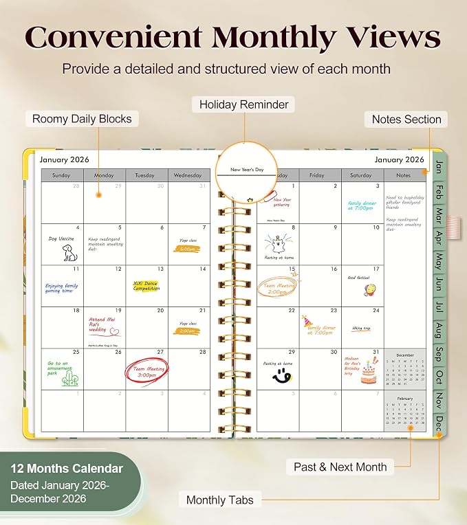2026 Planner, Hardcover Weekly and Monthly Planner for Women, January 2026 - December 2026, Spiral Yearly Agenda Organizer Book 2026 with Tabs, Daily Calendar Planners for School Work Home, A5 (5.75" x 8.38"), Yellow Floral