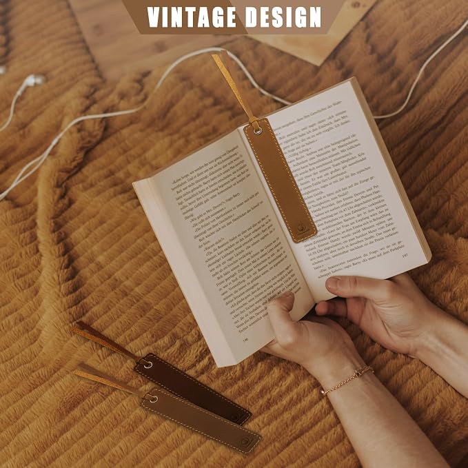 Jack&Chris Genuine Leather Bookmark, Thin Handmade Stitched Bookmarks for Women Men, Classic Style Book Accessories Gifts for Book Lovers Students Writers Readers Teens Adults, Light Brown