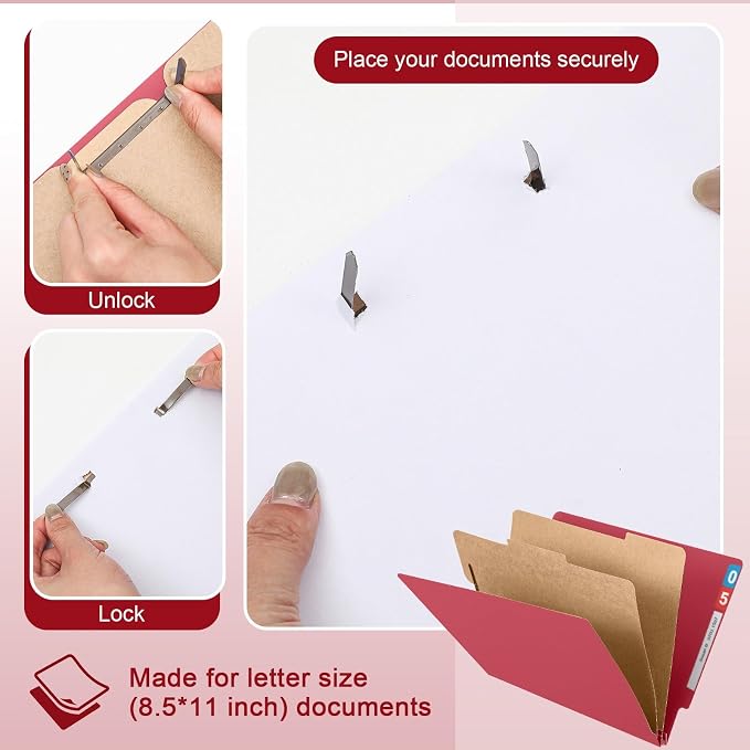 Skyygemm 24 Pcs End Tab Classification Red File Folders 3 Dividers Letter Size with 3.5'' Fasteners and 2 Prongs, Manila Folders Bulk for Office Business Classroom