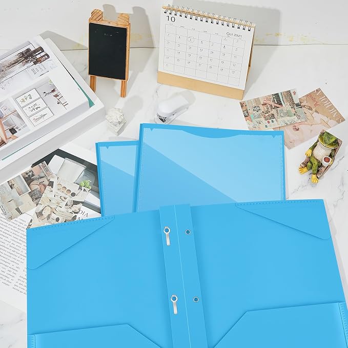 Henoyso 36 Pcs Plastic Folder with Clear Front Pocket and 3 Prong Plastic Folders with Card Slot Pocket Folders with Prongs for School Office (Lake Blue)