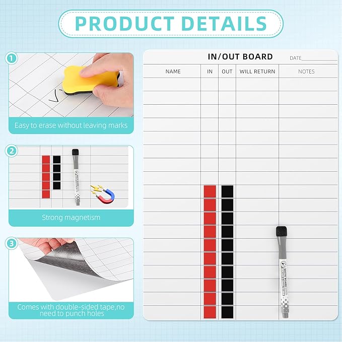 in and Out Calendar Dry Erase Board for Wall with 20 Magnetic Blocks, in/Out Planner for Office Staff Schedule Tracker 16" x 12"