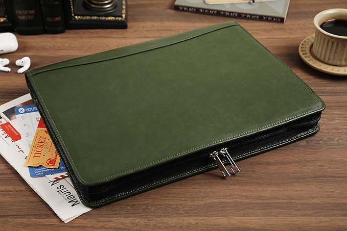 Green Leather Padfolio for Women/Men, Business 3 Ring Portfolio Binder, Personalized Zippered Organizer for A4 Notepad & 13-inch Laptop/Tablet