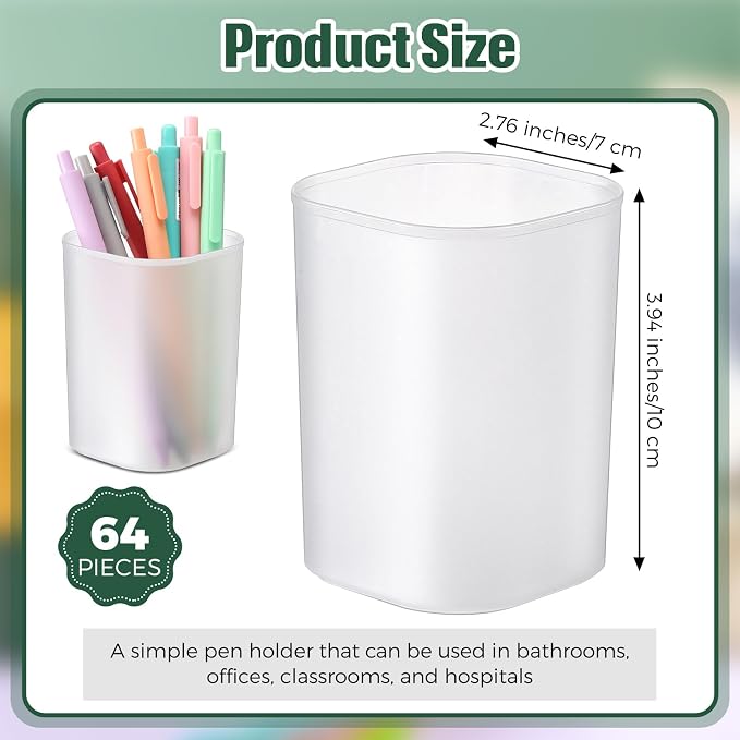 64 Pack Pen Holder White Pen Cups for Desk Organizers and Storage Stationery Plastic Matte Pencil Holder Cups Transparent Style for Office School Supplies