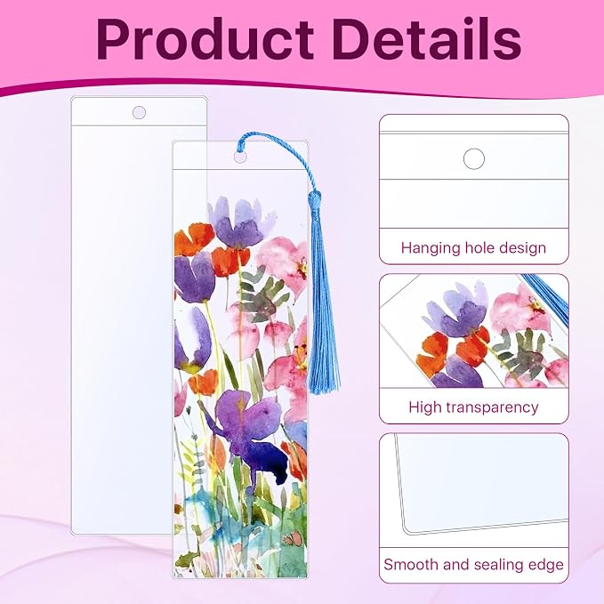 200 PCS Clear Bookmark Sleeves, Blank Bookmark Holder Sleeves with Tassels, Photo Booth Sleeves with Hole, Book Marker Cover for Reading, Office, Wedding, Gift Tags, 7 x 2.3 inches