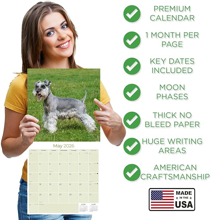 Miniature Schnauzer Calendar 2026 by MegaCalendars – Monthly Dog Breed Wall Calendar, Made in USA