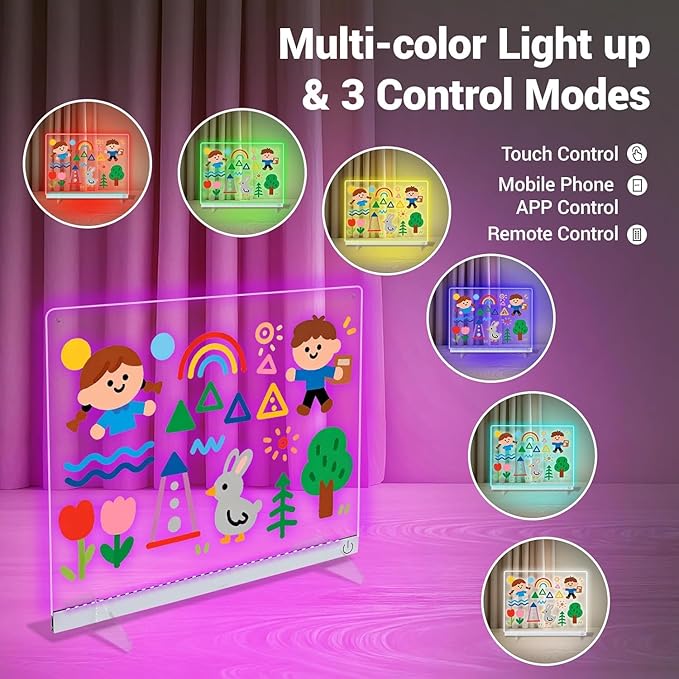 LED Note Board with Colors 12-Color Illuminated Acrylic Drawing Board - Dry-Erase Night Light with Stand for Home/Office/Gift/Festival (14.1"x10.9"W)