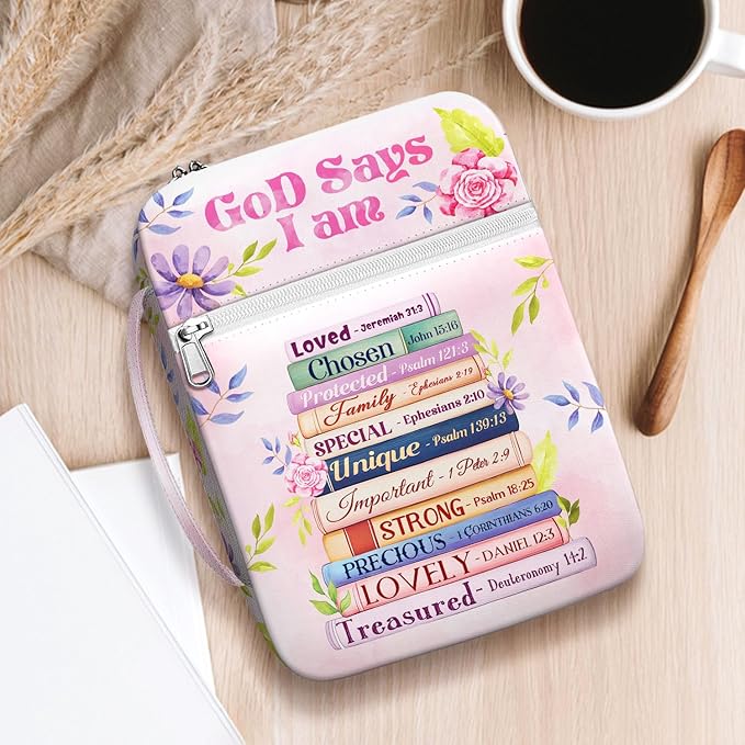 God Says I Am Bible Cover for Women, Floral Scripture Bible Case with Handle and Zipper Pocket, Christian Bible Bag for Girls and Ladies, Inspirational Gift for Church and Study Use
