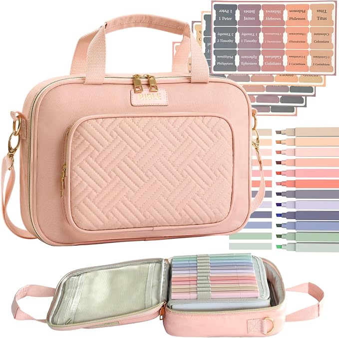 Bible Cover for Women Bible Case, Large Bible Bag, Bible Study Supplies Bible Journaling Kit Book Carrying Case with Bible Highlighters Tabs, Valentines Day Christian Gifts for Women (Pink)