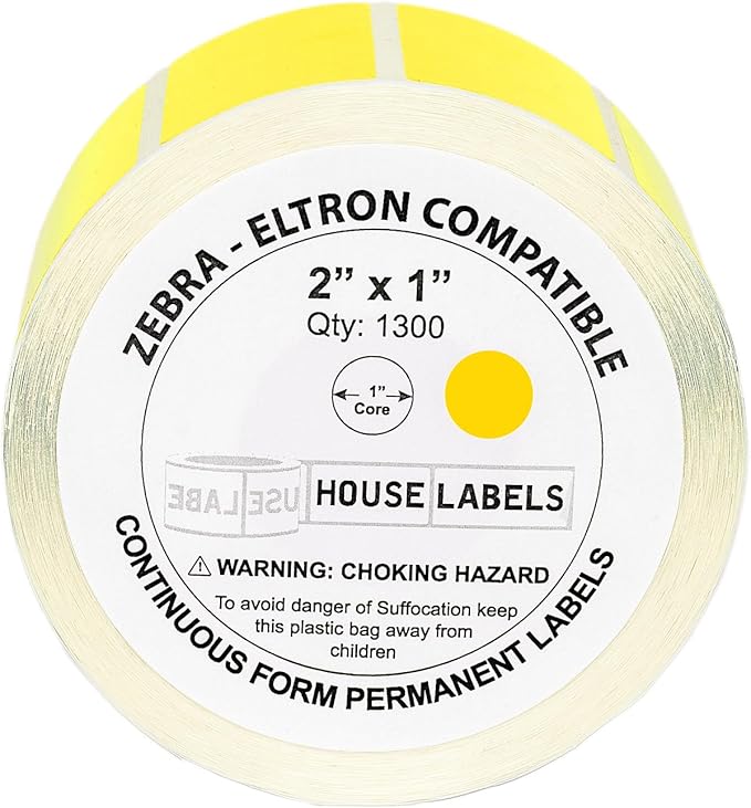 HOUSELABELS 2" x 1" Yellow Barcode Labels on 1" Core Compatible with Zebra and Rollo Printers, 6 Rolls / 1,300 Labels per Roll