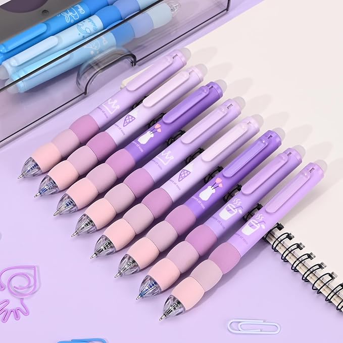 Temiary 18Pcs Aesthetic Retractable Erasable Gel Pens, Make Mistakes Disappear, 8 Pens & 10 Refills, Cartoon Smooth Writing Pen, 0.5 mm Black & Blue Ink Pen, Office School Supplies. (Purple Theme