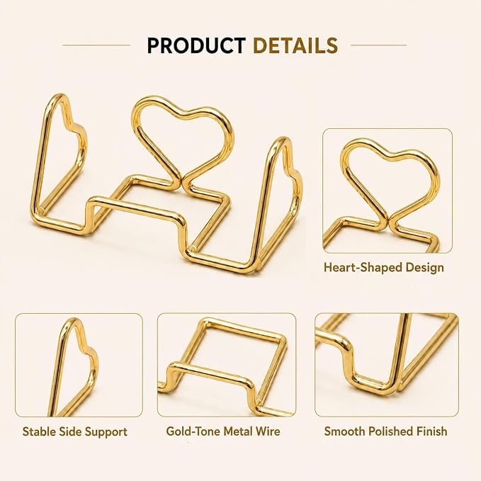 Heart Business Card Holder for Desk, Metal Business Card Stand Organizer, Cute Desktop Display for Name Cards, Photos and Notes, Office Reception Wedding Table Decor (gold)