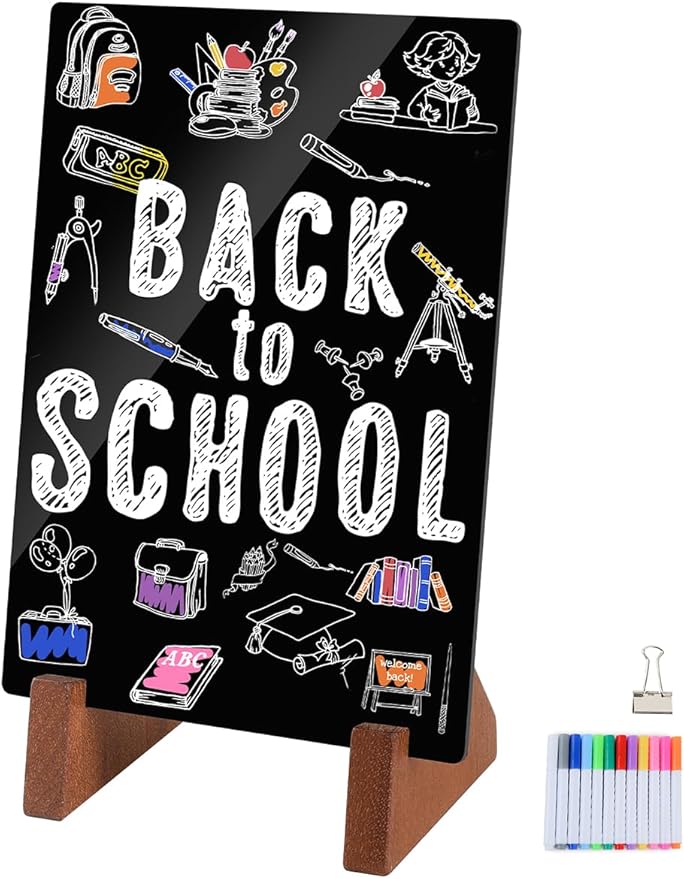 Double-Side Chalkboard Painting Sign 8.5x11 Inch with Wood Holder for Tabletop Display, Bar/Coffee/Restaurant Menu Message Board, Party Event Decorations with 12 Color Pens and 1 Clip