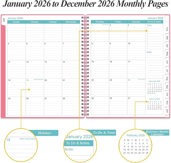 2026 Planner - Planner 2026 from January 2026 to December 2026, Weekly Monthly Planner 2026 with 12 Monthly Tabs, Inner Pocket, 8.5" x 11", Pink