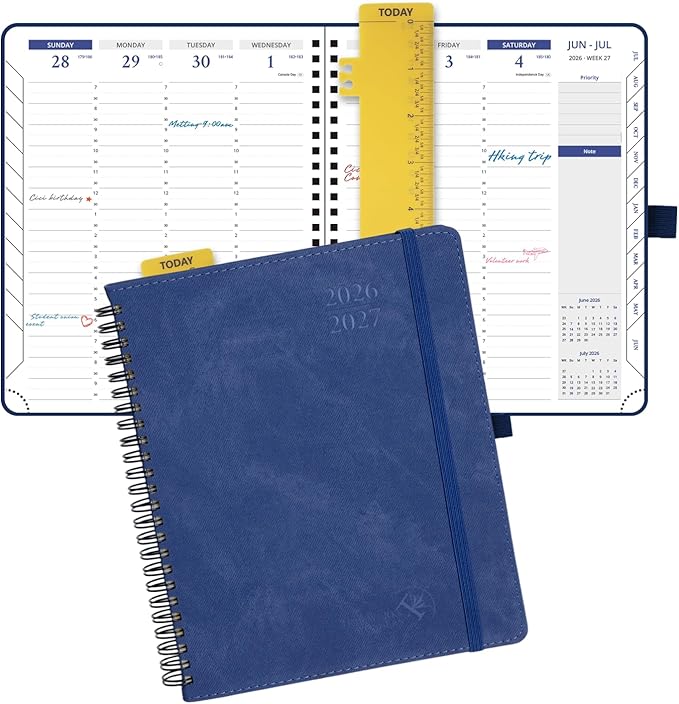 POPRUN 2026-2027 Weekly Planner, 7" x 8.5", July 2026 to June 2027, Academic Calendar with Vertical Layout, Wire Bound, Hourly Time Slots, Leather Softcover, Monthly Tabs - Indigo Blue