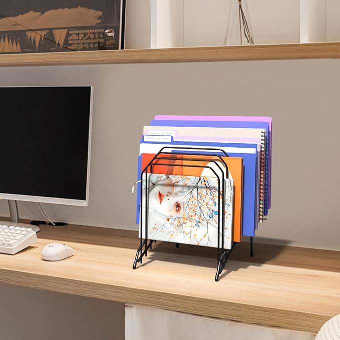 Gawerk Incline Metal Desk Magazine Folder Holder, Sorter Desk File Organizer with 8-Section Vertical Compartments Rack File Organizer for Office, Home, School (4 Pack)